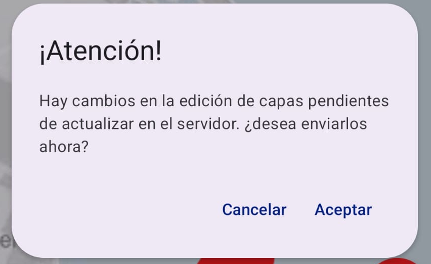 Figura 39: Mensaje para hacer cambios en la edición de capas pendientes de actualizar. 