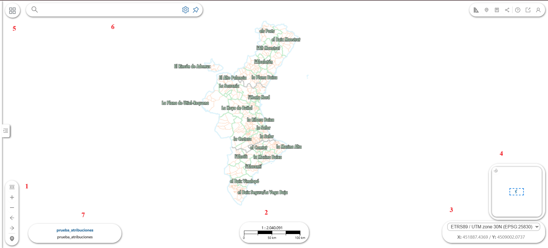 Figura 2: Mapa de visualización de la información donde se sitúan las herramientas de zoom y posición (punto 1), escala (punto 2), coordenadas (punto 3), minimapa (punto 4), capas base (punto 5), localizador (punto 6) y atribuciones (punto 7).