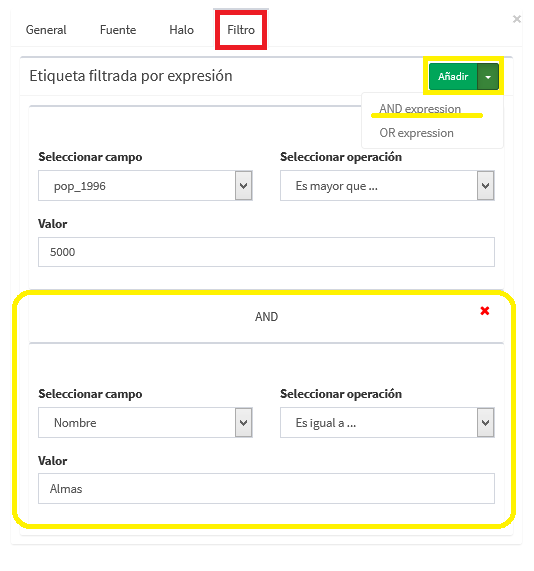 Figura : Filtro de etiquetas con expresiones AND y OR. 
