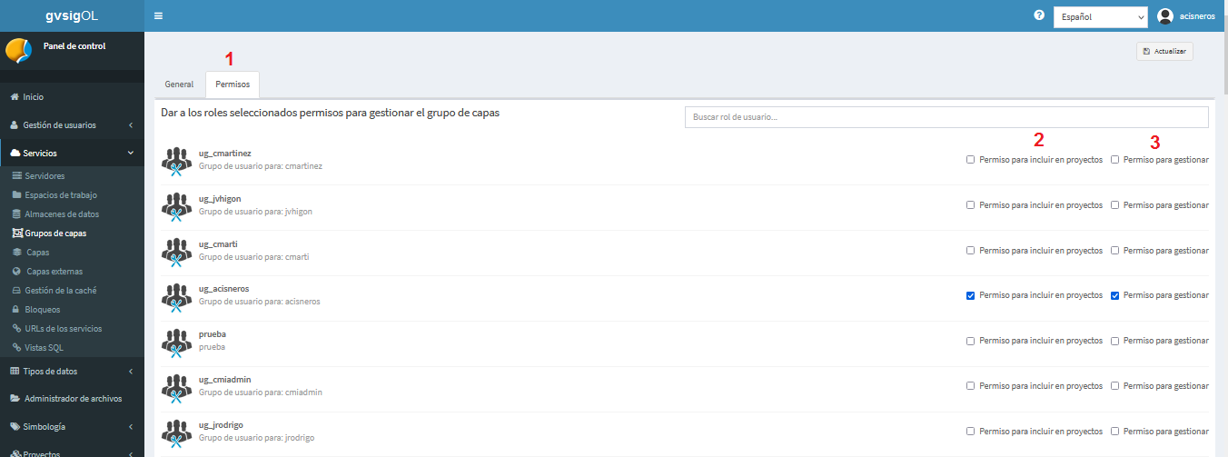 Figura : Configuración de permisos en los grupos de capas. 