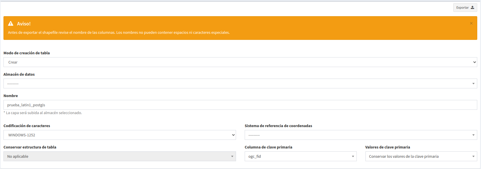Figura : Exportar Shapefile a base de datos. 